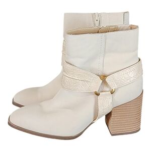 Vionic Carnelia Ivory Soft Leather Ankle Boots Western Block Heel Size 6